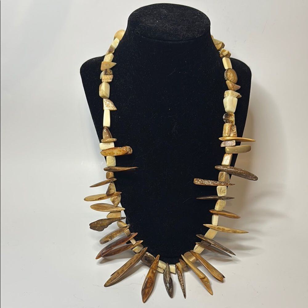 Tribal Brown and Cream Beaded Bohemian Style Statement Necklace 24”